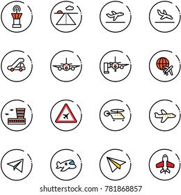 line vector icon set - airport tower vector, runway, departure, arrival, trap truck, plane, boarding passengers, globe, building, road sign, helicopter, paper, toy