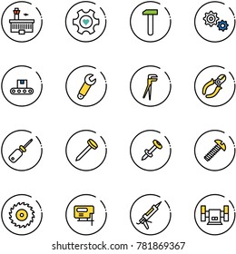line vector icon set - airport building vector, heart gear, work, conveyor, wrench, plumber, side cutters, screwdriver, nail, dowel, screw, saw disk, jig, gun sealant, sharpening