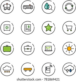 line vector icon set - airport bus vector, blood test, exchange, safe, account statement, star, cart, case, portfolio, statistics monitor, sun, rain cloud, skateboard, server wireless, data