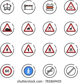 line vector icon set - airport bus vector, barrier, sign post, round motion road, climb, tractor way, slippery, wild animals, intersection, narrows, speed limit 60, pedestrian, end overtake, no