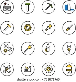 line vector icon set - airport building vector, work, job, water power plant, hammer, nut, dowel, clinch, rivet, wood drill, winch, wrench screwdriver, stapler, gear, toy block house