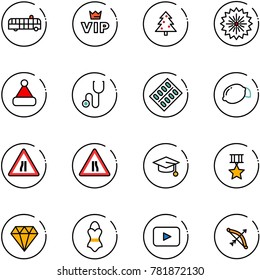 line vector icon set - airport bus vector, vip, christmas tree, firework, hat, stethoscope, pills blister, lemon, Road narrows sign, graduate, star medal, diamond, swimsuit, playback, bow