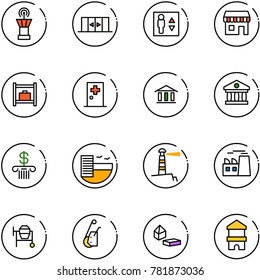 line vector icon set - airport tower vector, automatic doors, elevator, duty free, baggage room, first aid, bank, hotel, lighthouse, plant, cocncrete mixer, winch, constructor blocks