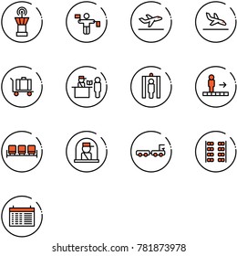 line vector icon set - airport tower vector, traffic controller, departure, arrival, baggage, passport control, metal detector gate, travolator, waiting area, officer window, truck, plane seats