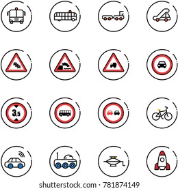 line vector icon set - airport bus vector, baggage truck, trap, multi lane traffic road sign, embankment, tractor way, no car, limited height, overtake, bike, wireless, moon rover, jack, rocket