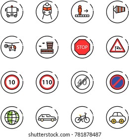 line vector icon set - airport bus vector, train, travolator, side wind, helicopter, building, stop road sign, speed limit 10, 110, end, no parking, globe, limousine, bike, car