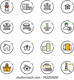 line vector icon set - airport tower vector, hospital building, bank, account, home, doors, sand fort, sea hotel, lighthouse