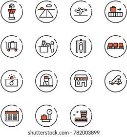 line vector icon set - airport tower vector, runway, departure, baggage, passport control, metal detector gate, waiting area, terrorism, officer window, duty free, trap truck, schedule, scales