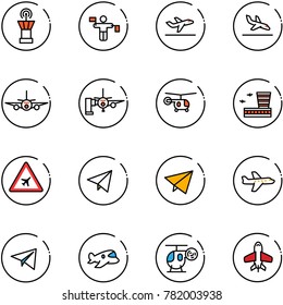 line vector icon set - airport tower vector, traffic controller, departure, arrival, plane, boarding passengers, helicopter, building, road sign, paper fly, toy