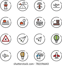 line vector icon set - airport tower vector, runway, plane radar, departure, baggage, scales, building, road sign, paper, fly, air balloon, helicopter toy
