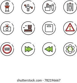 line vector icon set - airport tower vector, traffic controller, passport control, metal detector gate, terrorism, building, floor scales, light road sign, customs, fast forward, backward