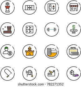 line vector icon set - airport tower vector, automatic doors, elevator, duty free, building, baggage room, barbell, bank, account, sand fort, hotel, sea, fretsaw, cocncrete mixer, stapler