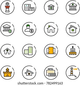 line vector icon set - airport tower vector, hospital building, bank, account, home, doors, sand fort, sea hotel, lighthouse