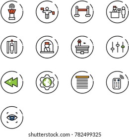 line vector icon set - airport tower vector, traffic controller, vip zone, passport control, metal detector gate, officer window, building, settings, fast backward, gear globe, jalousie, remote