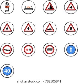 line vector icon set - airport tower vector, taxi, landslide road sign, tractor way, wild animals, intersection, car crash, narrows, no cart horse, overtake, customs, only forward