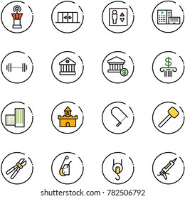 Line Vector Icon Set - Airport Tower Vector, Automatic Doors, Elevator, Hospital Building, Barbell, Bank, Account, Sand Fort, Fretsaw, Rubber Hammer, Bolt Cutter, Winch, Gun Sealant