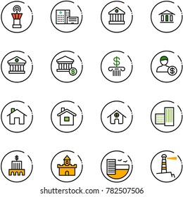 line vector icon set - airport tower vector, hospital building, bank, account, home, sand fort, hotel, lighthouse