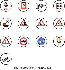line vector icon set - airport tower vector, parking sign, boarding passengers, plane seats, baggage scales, landslide road, children, intersection, no bus, end minimal speed limit, air balloon