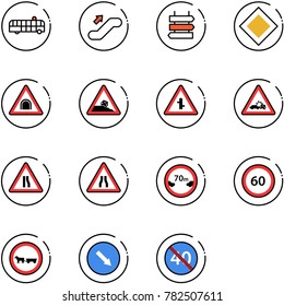 line vector icon set - airport bus vector, escalator up, sign post, main road, tunnel, steep roadside, intersection, car crash, narrows, limited distance, speed limit 60, no cart horse, detour