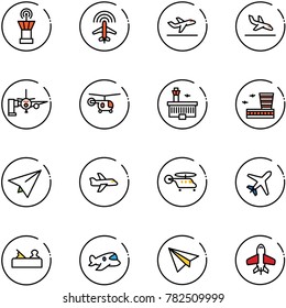 line vector icon set - airport tower vector, plane radar, departure, arrival, boarding passengers, helicopter, building, paper, jointer, toy