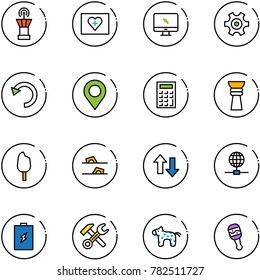 line vector icon set - airport tower vector, first aid kit, monitor cursor, gear, undo, map pin, calculator, award, ice cream, flip flops, up down arrows, globe, battery, wrench hammer, toy horse
