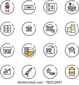 line vector icon set - airport tower vector, automatic doors, elevator, building, baggage room, bank, account, store, hotel, plant, cocncrete mixer, stapler, gun sealant, constructor blocks