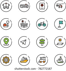 line vector icon set - airport bus vector, passport, helicopter, baggage scales, building, bike, flag, map pin, paper fly, signpost, mat, hand wheel, cruiser, toy train, boat