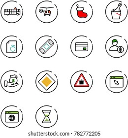 line vector icon set - airport bus vector, helicopter, christmas sock, champagne, diet list, medical patch, credit card, account, investment, main road sign, tunnel, cursor browser, globe