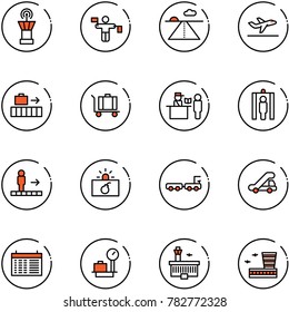 line vector icon set - airport tower vector, traffic controller, runway, departure, baggage, passport control, metal detector gate, travolator, terrorism, truck, trap, schedule, scales, building