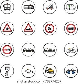 line vector icon set - airport bus vector, trap truck, encashment car, tractor way road sign, crash, limited height, no, overtake, limousine, cabrio, bike, piston, jack, excavator toy