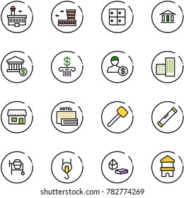 line vector icon set - airport building vector, baggage room, bank, account, store, sea hotel, rubber hammer, level, cocncrete mixer, winch, constructor blocks, toy block house