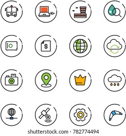 line vector icon set - airport bus vector, netabook connect, building, blood test, safe, account statement, globe, refresh cloud, camera, map pin, crown, rain, satellite, gear, boomerang