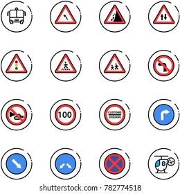 line vector icon set - airport bus vector, turn left road sign, landslide, oncoming traffic, light, pedestrian, children, no, horn, speed limit 100, customs, only right, detour, stop, helicopter toy