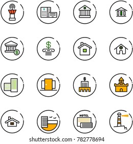 line vector icon set - airport tower vector, hospital building, bank, account, home, doors, sand fort, hotel, sea, lighthouse