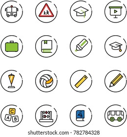 line vector icon set - airport bus vector, children road sign, graduate hat, presentation board, case, book, highlight marker, pennant, volleyball, ruler, pencil, abc cube, abacus, toy