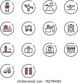 line vector icon set - airport tower vector, traffic controller, runway, departure, baggage, passport control, metal detector gate, travolator, terrorism, officer window, duty free, trap truck