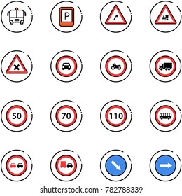 line vector icon set - airport bus vector, parking sign, turn right road, railway intersection, no car, moto, truck, speed limit 50, 70, 110, overtake, detour, only