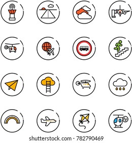 line vector icon set - airport tower vector, runway, clouds, boarding passengers, helicopter, plane globe, no bus road sign, career, paper fly, cloud ladder, rain, rainbow, kite, toy