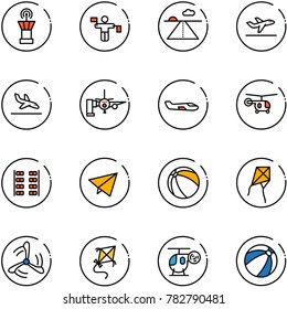 line vector icon set - airport tower vector, traffic controller, runway, departure, arrival, boarding passengers, small plane, helicopter, seats, paper fly, ball, kite, wind mill, toy, beach