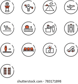 line vector icon set - airport tower vector, traffic controller, runway, departure, arrival, baggage, passport control, metal detector gate, travolator, waiting area, terrorism, trap truck
