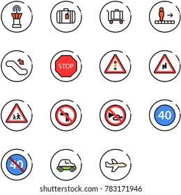 line vector icon set - airport tower vector, suitcase, baggage, travolator, escalator down, stop road sign, traffic light, abrupt turn right, children, no left, horn, minimal speed limit, end, car