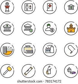 line vector icon set - airport tower vector, elevator, first aid room, bank, account, sand fort, hotel, sea, plant, fretsaw, rubber hammer, level, winch, constructor blocks