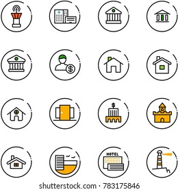 line vector icon set - airport tower vector, hospital building, bank, account, home, doors, sand fort, hotel, sea, lighthouse