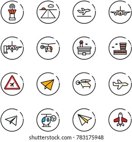 line vector icon set - airport tower vector, runway, departure, plane, boarding passengers, helicopter, building, road sign, paper fly, toy