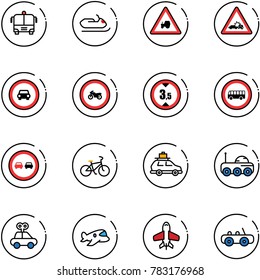 line vector icon set - airport bus vector, snowmobile, tractor way road sign, car crash, no, moto, limited height, overtake, bike, baggage, moon rover, toy, plane