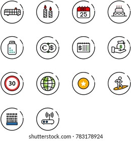 line vector icon set - airport bus vector, candle, 25 dec calendar, cake, pills bottle, euro dollar, finance, investment, speed limit 30 road sign, globe, star medal, surfing, binary code