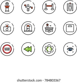 line vector icon set - airport tower vector, traffic controller, vip zone, metal detector gate, terrorism, officer window, building, floor scales, customs road sign, fast backward, gear globe