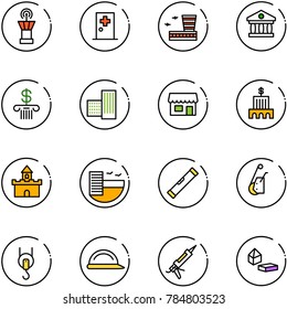 line vector icon set - airport tower vector, first aid room, building, bank, store, sand fort, hotel, level, winch, construction helmet, gun sealant, constructor blocks
