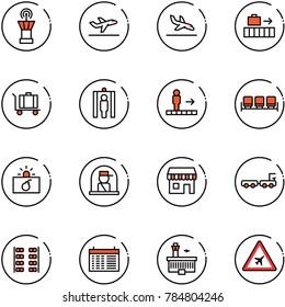 line vector icon set - airport tower vector, departure, arrival, baggage, metal detector gate, travolator, waiting area, terrorism, officer window, duty free, truck, plane seats, schedule, building
