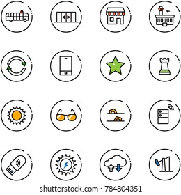 line vector icon set - airport bus vector, automatic doors, duty free, building, exchange, phone, star, chess tower, sun, sunglasses, flip flops, server wireless, usb wi fi, power, cloud data